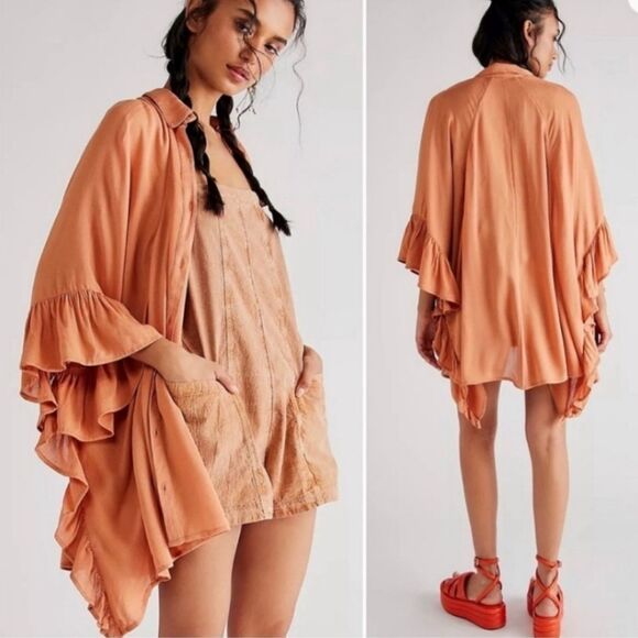 Free People Crinkle Oversized Butterfly Ruffle Sleeve Tunic w/ Pockets M/L - Picture 1 of 10